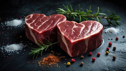Marbled beef steaks in the form of a heart with spices displayed on a stone background