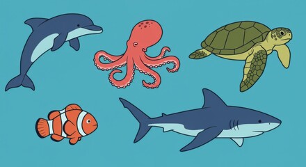 Colorful cartoon illustrations of various marine animals swimming in the ocean