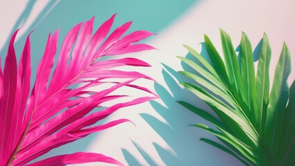 Tropical leaves in pink and green hues set against a backdrop. Minimalist summer exotic theme.