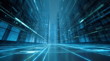 bright technology perspective grid, bluish hues, glowing interface panel, perspective from the right, background resembling an office space or server room vibrant and bright colors