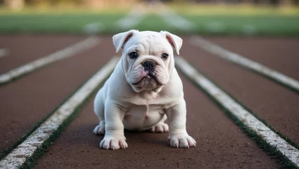 Fotobehang bulldog puppy in white sitting on the track © Cyber Shutter