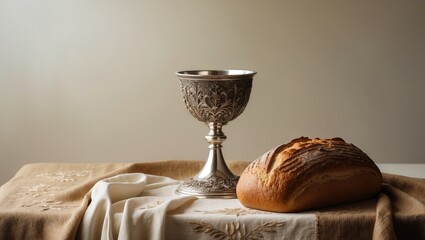 bread and chalice on the fabric table covering