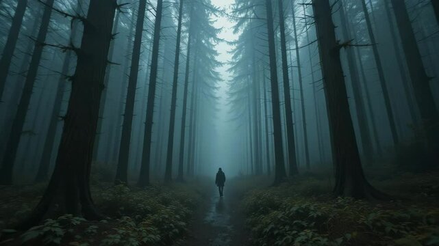 A single hiker walks into a dense foggy forest with tall trees as light rays break through the mist, creating a cinematic and mysterious scene full of natural silence and adventure	