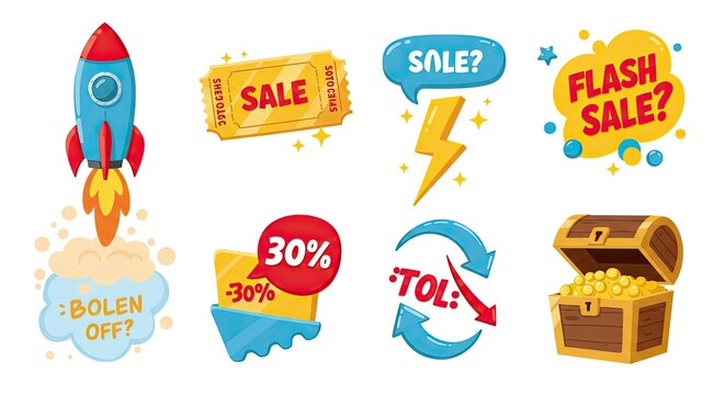 Colorful cartoon sale and discount icons with rocket ship and treasure chest - Powered by Adobe