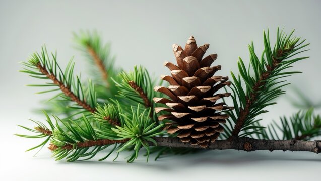 White background with an isolated Cedrus twig and cone