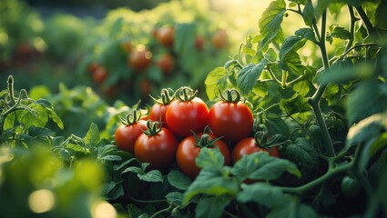 Mature tomatoes on green stems. Home cultivated tomato plants thriving on vine in greenhouse. Fall vegetable gathering on organic farm.