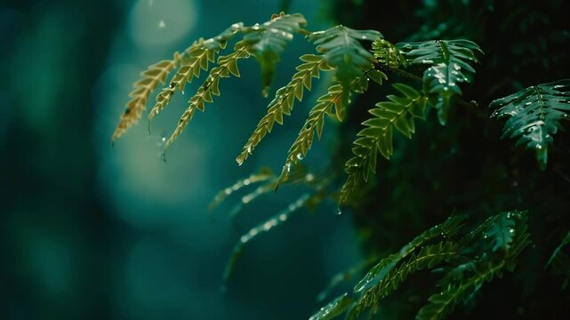 A drop of water falling of a fern leaf surrounded by lush greenery and cliffs