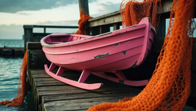 Close-up view of a pink wooden sled resting on a dock, with orange fishing nets hanging over a wooden railing