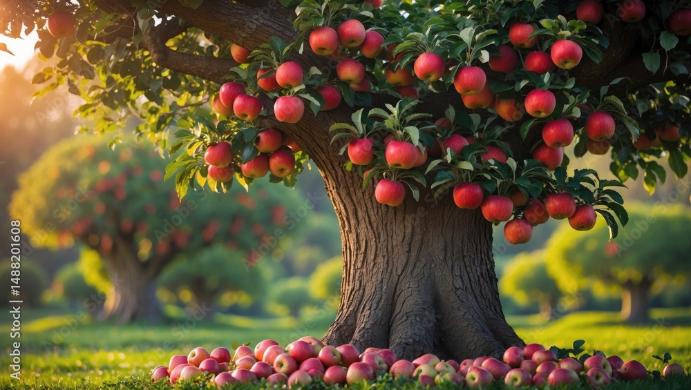 Poster a tree abundant with ripe red apples set against a backdrop of other trees