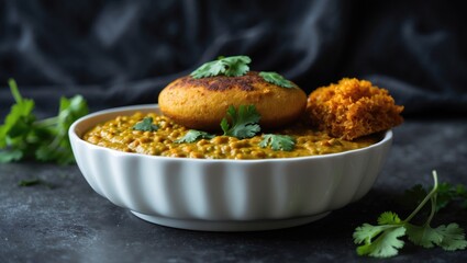 Daal Baati Churma, a well-loved nutritious dish, presented on white tableware with a dark background.