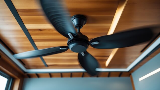 Cooling hot air with HVLS ceiling fans. Spacious ceiling fans suitable for buildings with open air and walls in the background.
