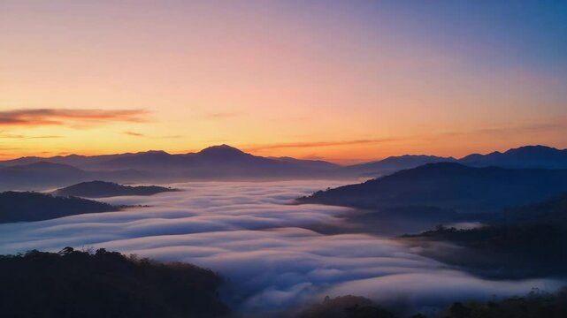 Mountain range covered in low fog during sunrise, as soft orange light glows across the misty valley, creating a magical and serene early morning scene in a peaceful highland area	