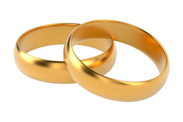 Two golden wedding rings on white background. Isolated 3D illustration