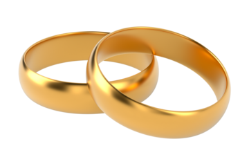 Two golden wedding rings on white background. Isolated 3D illustration