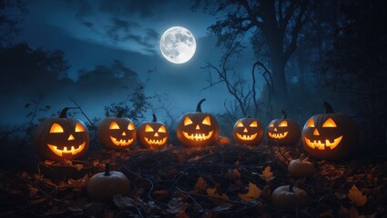 Fototapeta premium Glowing Jack o' lanterns in a Halloween atmosphere illuminated by the moon.