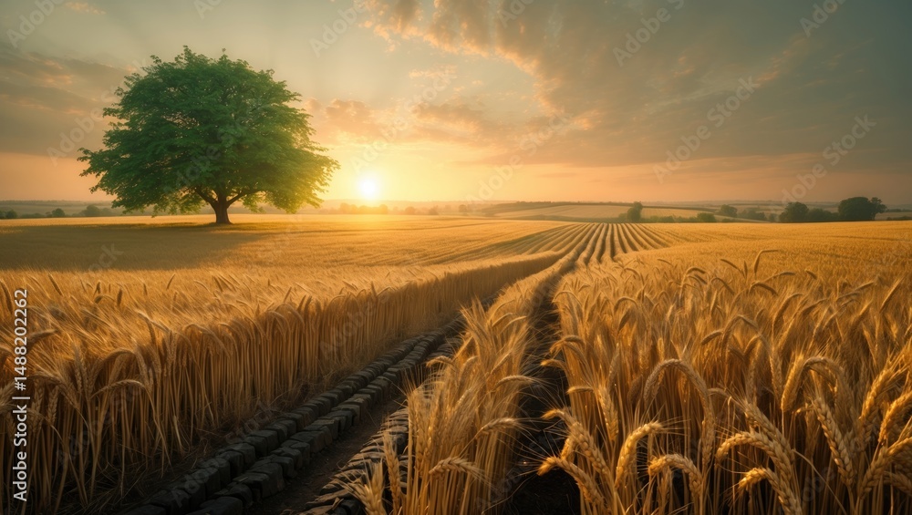 Poster sunset view of gold wheat field with tree in rustic countryside