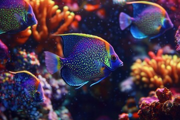 Obraz premium Vibrant angelfish swim through a coral reef with colorful coral and clear water, showcasing its beauty.