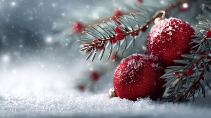 christmas and new year holidays concept. Red balls on fir branches, winter snowy backdrop. festive winter season background