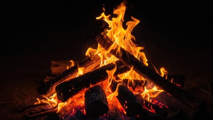 A campfire glows vividly in the night, lighting up the nearby surroundings.
