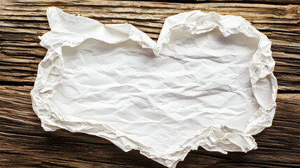 Obraz premium Crumpled paper heart shape on rustic wood background; ideal for message, invitation, or design element