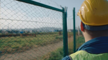 Close-up of a construction worker wearing a yellow helmet and blue vest, looking at a green industrial gate with a metal mesh. In the background, there is an open field