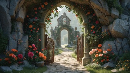 Fototapeta premium Enchanting stone archway adorned with colorful roses leading to a lush garden path illuminated by soft, diffused sunlight