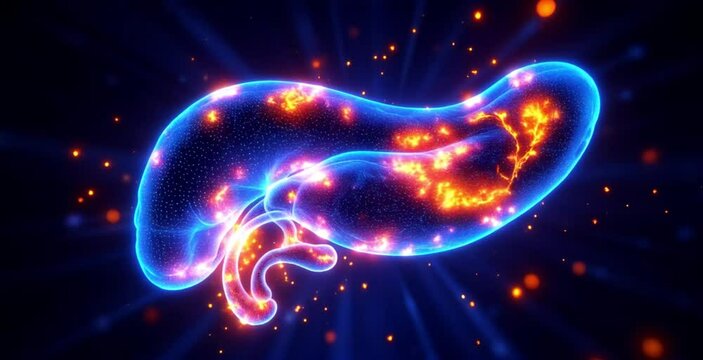 Pancreas with glowing anatomical features in blue and pink colors , presented in futuristic digital style. Concepts: pancreas, digestive system, hormone production, neon anatomy, biotech illustration,