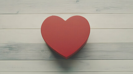 Red heart-shaped gift box on wooden background; Valentine's Day concept, romantic present