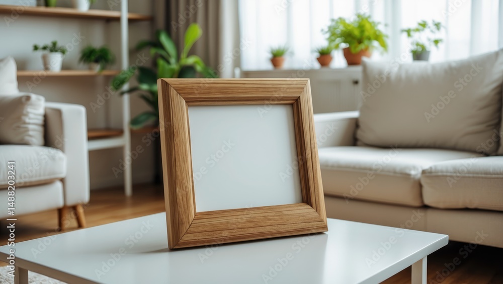Aufkleber empty photo frame with space for text on table