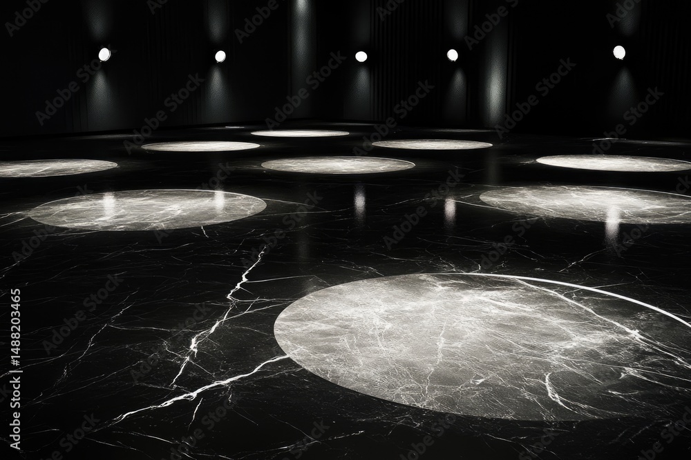 Poster a dimly lit room with marble flooring and circular pools of light, creating a mysterious and elegant