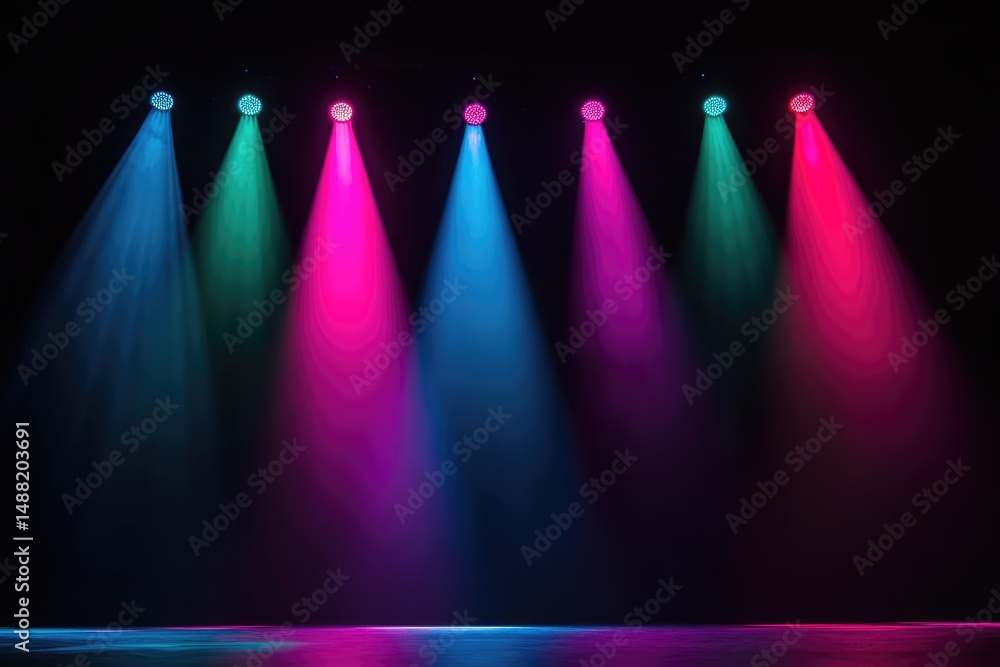 Poster a stage with multiple colorful spotlights beaming down from above, creating a vibrant and dynamic vi