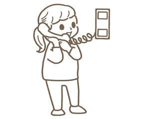 カラオケの個室で電話に出て話すポニテ女性