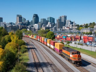 Obraz premium Freight train with cargo containers in urban skyline during day