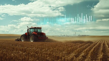 Fototapeta premium Agricultural Tractor in Field with Data Overlay