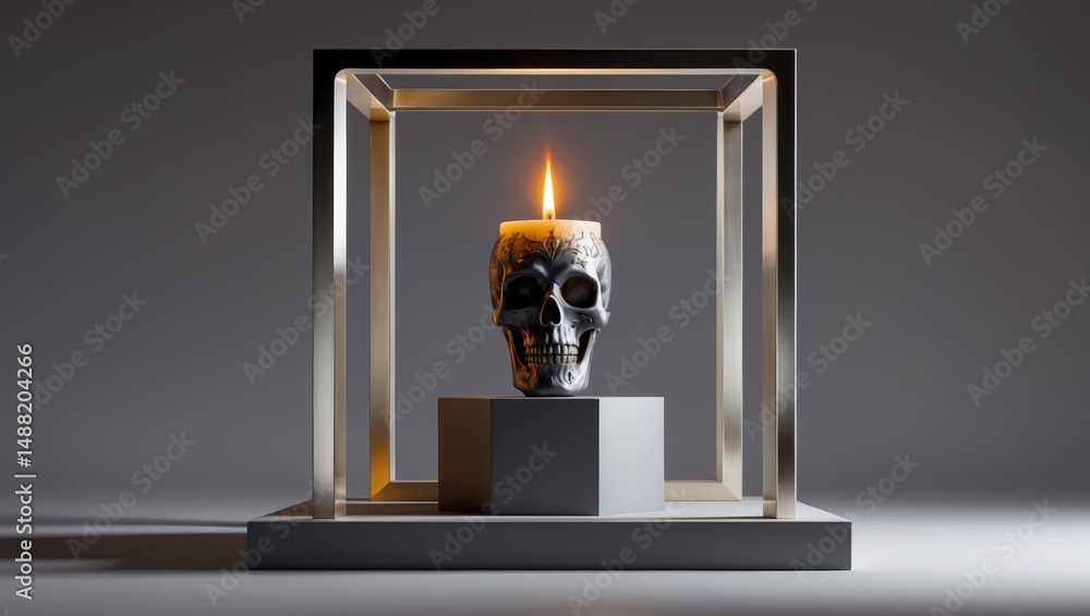 Aufkleber podium backdrop featuring halloween skull candle with luminous flame. showcase pedestal casting shad