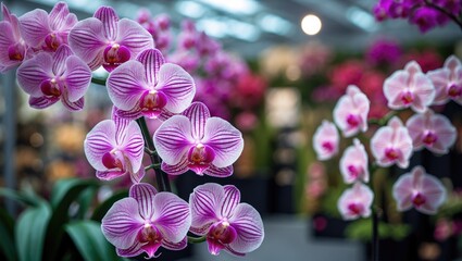 Fototapeta premium Imitation Orchid Flowers. Soft Focus Background. Showroom Environment.