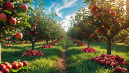 Fototapeta premium Rows of crimson apple trees