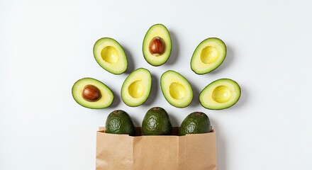 Fresh Avocados in Paper Bag on White Background