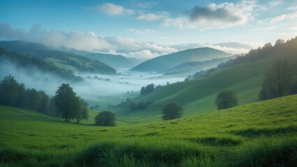 Obraz premium Meadow in the mountains illuminated by light. Rural scenery featuring a valley shrouded in fog beyond the forest on a grassy slope. Soft clouds against a clear sky. Concept of natural freshness.