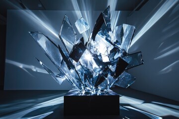 A contemporary sculpture of shattered glass reflects and refracts light, creating a dynamic and ethereal display in a minimalist setting.