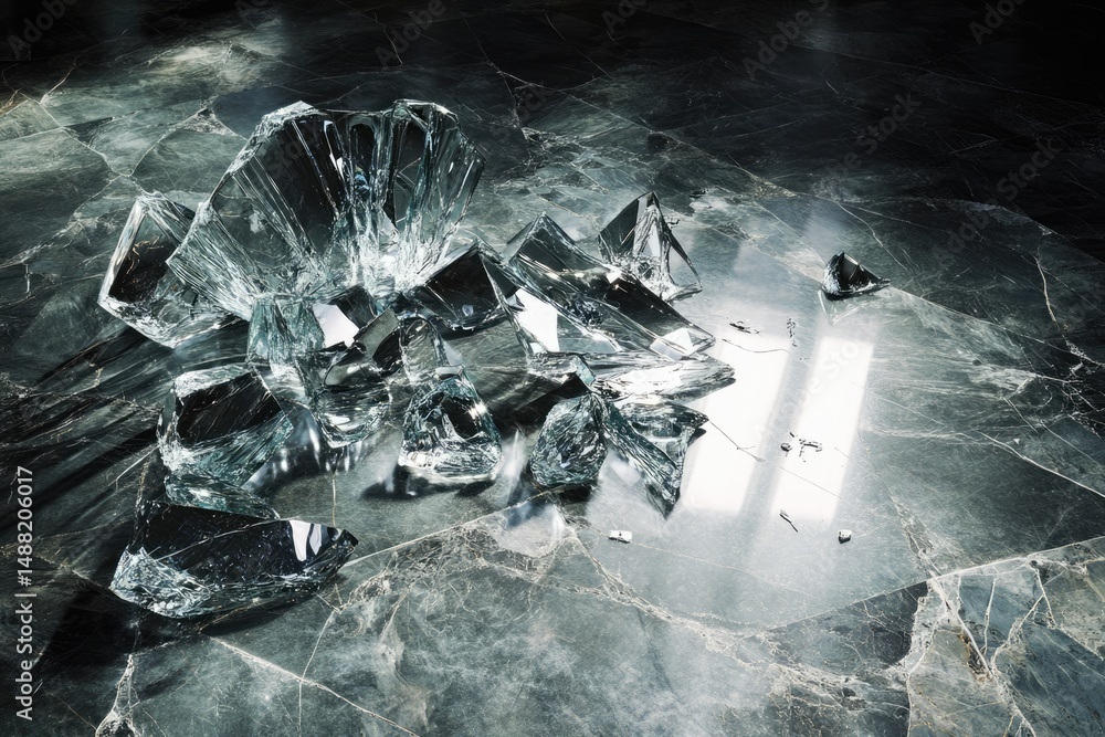 Poster a group of shattered glass pieces reflect light on a textured marble surface, creating a fragmented 