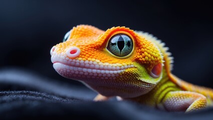 Closeup of a baby sunglow gecko head against a dark background.