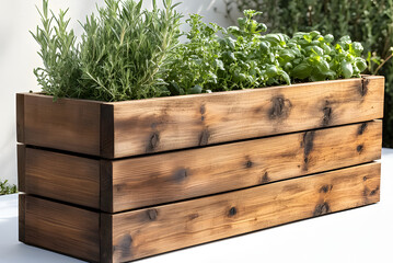 Wooden Planter Box with Fresh Aromatic Herbs – Rosemary, Thyme, and Basil for Home Gardening