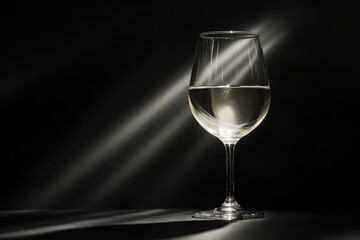 A wine glass half filled with white wine, highlighted by dramatic beams of light against a transparent background.