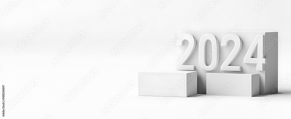 Poster 2024 stand on minimalist white block stages in a clean bright studio setting