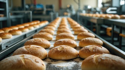 Automated bakery production system featuring sweet cookies on conveyor belt machinery in factory workshop, industrial food manufacturing
