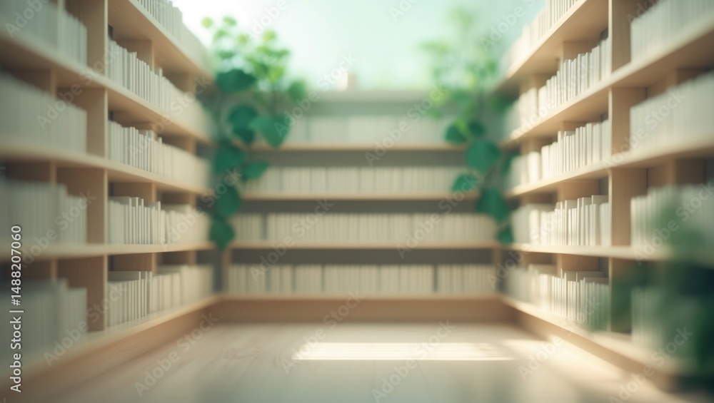 Poster charming minimalist bookshelf with blank books arranged neatly and surrounded by greenery, all under
