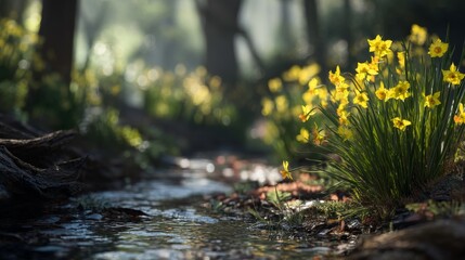 Fototapeta premium Daffodil creek, photorealistic, sunlight, macro lens, defocus
