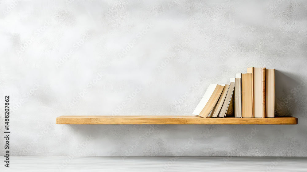 Poster minimalist bookshelf with leaning books and clean background, creating serene atmosphere