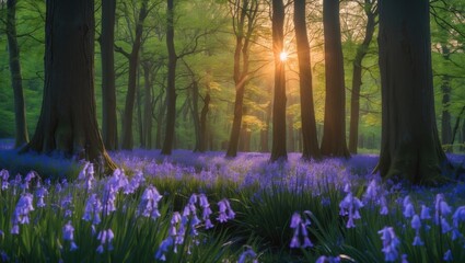 Obraz premium Morning sunlight filters through trees onto bluebells in a peaceful spring forest. Beautiful natural landscape.